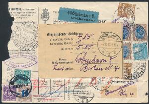 1921. Chr. X, 1 kr. brunblå tp.I m.v. I alt 345 øre på adressekort for pakke fra København til Polen og retur