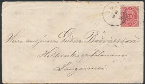1897. 10 aur, rød, tk.12. på brev fra Völlur til Langarnesi, annulleret med sjældent antiquastempel VÖLLUR 2.2. Mærket er med stor beskadigelse foroven