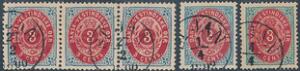 1873-1896. 3 cents, rødblå. 5 mærker incl. 3-STRIBE, alle stemplet på ST. JAN.