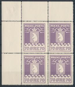 1937. Schultz. 70 øre, violet. Postfrisk øvre MARGINAL 4-BLOK. AFA 1400