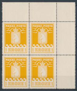 1936. A  L. 1 kr. orange. Postfrisk øvre MARGINAL 4-BLOK. AFA 1800