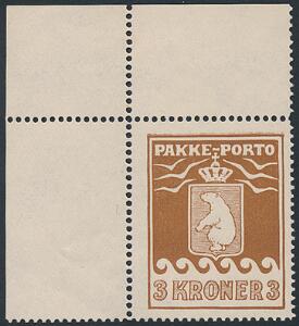 1930. 3 kr. brun. Pos.1. Smukt postfrisk mærke med fuld hjørnemarginal  variant DOBBELT ØVRE RAMMELINIE. AFA 1800