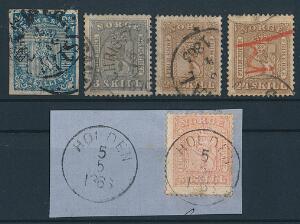 1855-1867. 5 skillingsmærker, ene 24 sk. brun den til højre med lille tyndhed.