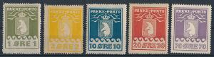 1915-1937. 5 ubrugte Pakkeporto-mærker. 20 øre rød er på kartonpapir.