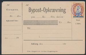 Aalborg Bypost. 1884. Bypost-Opkrævnings kort påsat 5 øre, brunblå annulleret med violet 2-ringsstempel AALBORG BY- OG PAKKE-POST