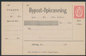Aalborg Bypost. 1884. Ubrugt Bypost-Opkrævnings kort påsat, 5 øre, rød