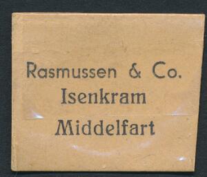 FRIMÆRKEPENGE. Rasmussen  Co. Isemkram Middelfart. 5 øre. Sjælden Frimærkepenge.