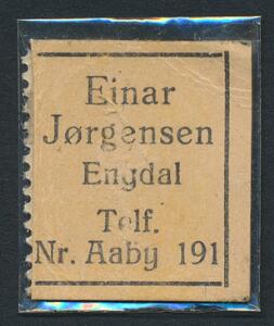 FRIMÆRKEPENGE. Einar Jørgensen Engdal. Telf. Nr. Aaby 191. 1 øre. Sjælden Frimærkepenge.