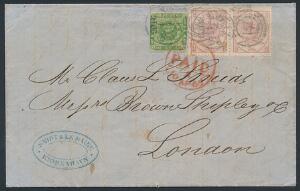 1858. 8 sk. grøn samt par 3 sk. lilla 1864.  I alt 14 skillings frankering på brev til London.