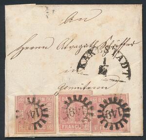 Bayern. 1849. 1 kr. rosa. 3 stk. på KORSBÅND, stemplet KARLSTADT 1.12