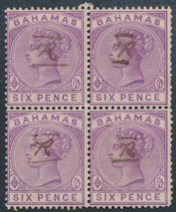 Bahamas. 1884. Victoria. 6 d. violet. 4-BLOK, annulleret med blæk-påtegning R for anbefalet brev.