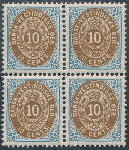 1901. 10 cents, blåbrun. Tk.12. Helt perfekt centreret postfrisk 4-BLOK. AFA 6800