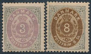 1870. 3 sk. grålilla og 8 sk. gråbrun. Ubrugte. AFA 2850
