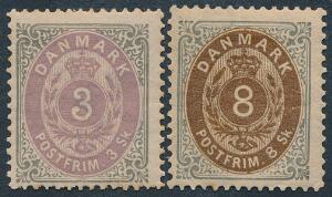 1870. 3 sk. grålilla og 8 sk. gråbrun. Ubrugte. AFA 2850