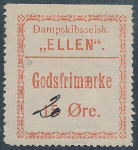 DAMPSKIBSSELSKABET ELLEN. 1915. Godsfrimærke, Provisorium 2015 Øre, rød. håndskrevet. Særdeles sjældent ubrugt mærke.