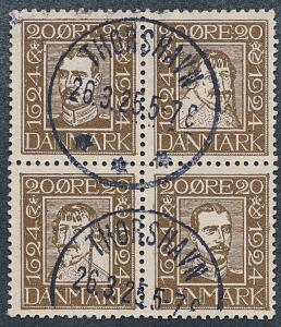 1924. Postjubilæum. 20 øre, brun. 4-BLOK med ANSIGTERNE VÆK FRA HINANDEN, stemplet i THORSHAVN 26.3.25