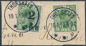 1919. 25 øre, grøn  5 øre, Chr.X, grøn. Pænt lille brevklip, 25 øre med et per korte takker i syd. AFA 3300