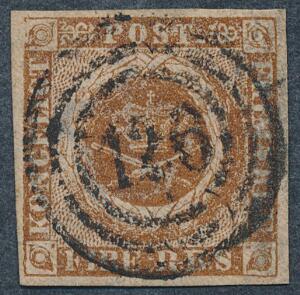1854. 4 RBS Thiele III, gråbrun. Plade III, nr. 11. Centralt nr.stempel 126 NORTOFT. Godt stempel. DAKA 600. Attest Møller