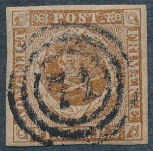 1854. 4 RBS Thiele III, gråbrun. Plade III, nr. 43. Fint mærke med nr.stempl 71 SØNDERBORG. Attest Møller