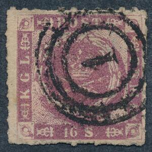 1863. 16 sk. rosalilla. Stukken kant. Ualmindeligt farvefriskt eksemplar, med pænt nr.stempel 1. Lille rift foroven samt minimalt tyndheder. AFA 7500. Attest K
