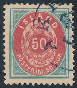 1898. 50 aur, blårød. TAKKKET 12 34. Et sjældent stemplet mærke, annulleret med kronestempel AKRANES. Facit 6000. Attest Nielsen.