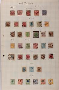 Dansk Vestindien. 1866-1915. Gammel samling på 3 albumsider med flere bedre mærker, bl.a. flot 50 cent, lysviolet, repareret 14 cent m.m.