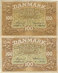 100 kr 1940 B, Svendsen  Hellerung, 1941 B, Svendsen  Ingerslevgaard, Sieg 111, DOP 126, Pick 33, i alt 2 stk.