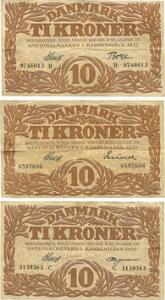 10 kr 1930, 1932 B, 1932 C, Sieg 104, i alt 3 stk.