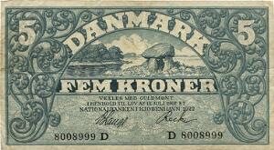 5 kr 1922 D, V. Lange  Recke, Sieg 100, DOP 113, Pick 20
