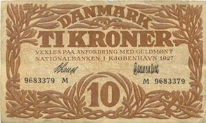 10 kr 1927 M, V. Lange  Clemmentsen, Sieg 103, DOP 114, Pick 21
