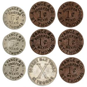 Dansk Vestindien, Privatmønter, Russel, Bros, 10 cents 1888, A. Vance  Co, 1 cent u. år 5 stk., 5 cents u. år 3 stk., Sieg 46, 48, 61, 62, i alt 9 stk.