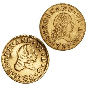 Spanien, Fernando VI, 1746-1759, 12 Escudo 1755 Sevilla monteringsspor, 1757 Madrid, F 275, 274. 2