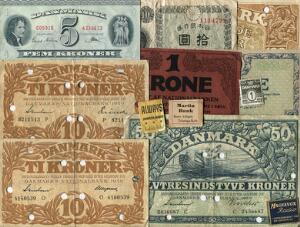100 kr 1932 50 kr 1939 10 kr 19392, alle hulmakuleret. Diverse sedler, frimærkepenge3 - heraf én defekt, poletter og Grænland, Kryolith, 10 øre 1922. 14