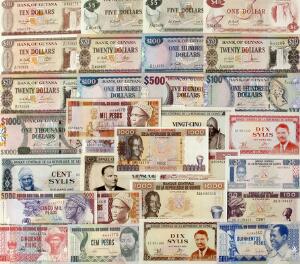 Guyana, Guinea, Guinea Bissau, lille lot overvejende ucirkulerede sedler, i alt 30 stk.