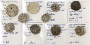 Afghanistan, lille samling af ældre 12 og 1 Rupee mønter fra bl.a. Kabul, i alt 10 stk. i varierende kvalitet med hovedparten beskrevet efter KM