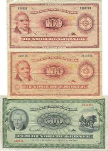 500 kr 1963, Svend Nielsen  Riim, A0633A, 1041967, Sieg 138, Pick 47 100 kr 1961, 1965. 3