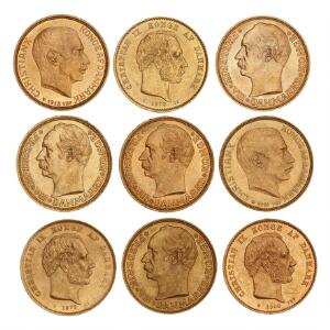 20 kr 1873, 1876, 1900, 1908, 1909, 1911, 1912, 1913, 1914, H 8A, 8B, 1, 1A, F 295, 297, 299. 9