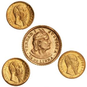 Peru, 15 Libra 1967, F 75. Mexico, 3 små guld-mønter. samlet vægt 3,3 g. 4