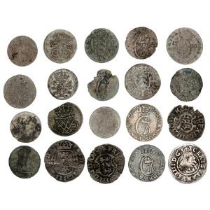 Samling af skillingsmønter fra Christian IV til Christian VII, i alt 84 stk. i varierende kvalitet med enkelte bedre iblandt