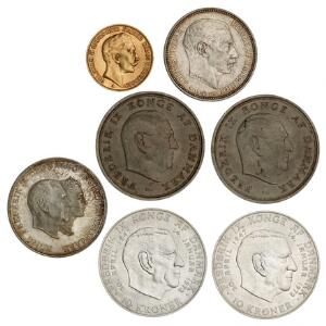 Tyskland, Preussen, 20 Mark 1913A, F 3831, kval. 1 samt Danmark, erindringsmønter 1960, 1967 2, 1972 2 og 2 kr 1916, H 8, i alt 7 stk.