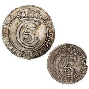 Christian V, 4 mark  krone 1681, H 67B og 2 mark 1681, H 69B, i alt 2 stk.