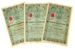 Kjøbenhavns Frihavn-Aktieselskab, 1891, tre aktier a 2.000 kr, alle med taloner og stempelmærke 1946