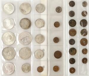 Erindringsmønter 5 stk., 12 kr Ag 7 stk., enkelte skillings- og årgangsmønter, div. udland 2 stk. inkl. Canada, dollar 1980 Ag, samlet 35 stk.