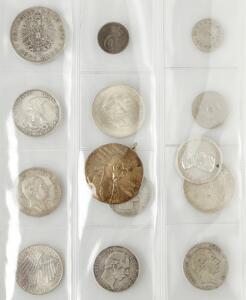 Samling mønter, sedler m.m. div. lande inkl. Tyskland, 3, 5 mark Sachsen, Preussen i alt 3 stk., Danmark, 2 øre 1887, 2 kr Ag 4 stk., Grønland, 25 øre 1926