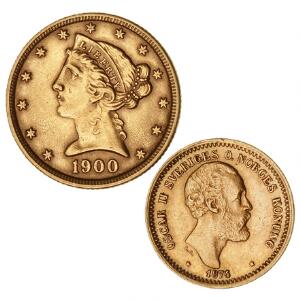 USA, 5 dollars 1900, KM 101, F 143, Sverige, Oscar II, 10 kr 1874, SM 25, i alt 2 stk. Au