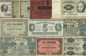 Samling sedler inkl. 5 kr 1917B, Nr. 4011802, LangeGregersen, Sieg 100, DOP 113 kval. 1, div. 1, 5, 10 kr 8 stk, Norge og Sverige 3 stk., i alt 12 stk.