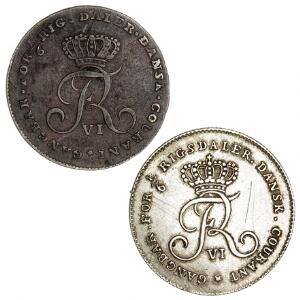 Frederik VI, 16 rigsdaler 1808, offermark, H 6, nyere forfalskning fremstillet i nysølv med riflet rand, 16 rigsdaler 1808, H 6, ialt 2 stk.