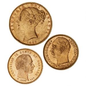 10 kr 1900, H 9B, 10 kr 1909, H 2, England, sovereign 1869, F 387, i alt 3 stk. Au