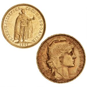 Ungarn, 10 Korona 1907, F 252, kv. 01-1. Frankrig, 20 Francs 1909, F 596a, kv. 1. 2