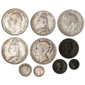 England, lot på 7 sølvmønter og 3 kobbermønter, 17. - 20. århundrede